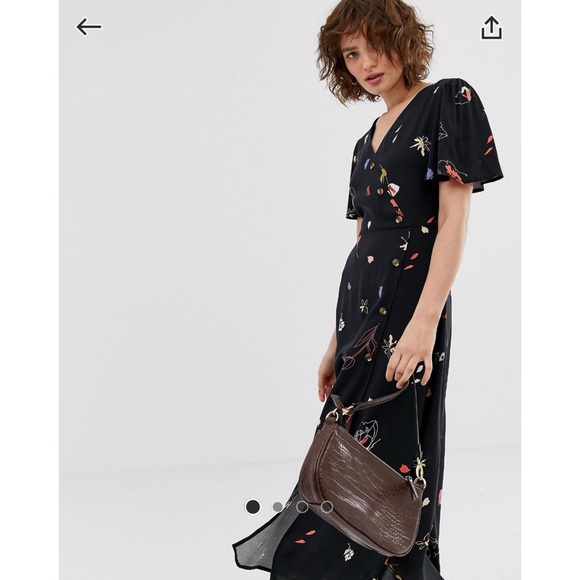 warehouse floral midi dress Khaki Warehouse Sparkle Metallic V Neck Floral Midi Dress